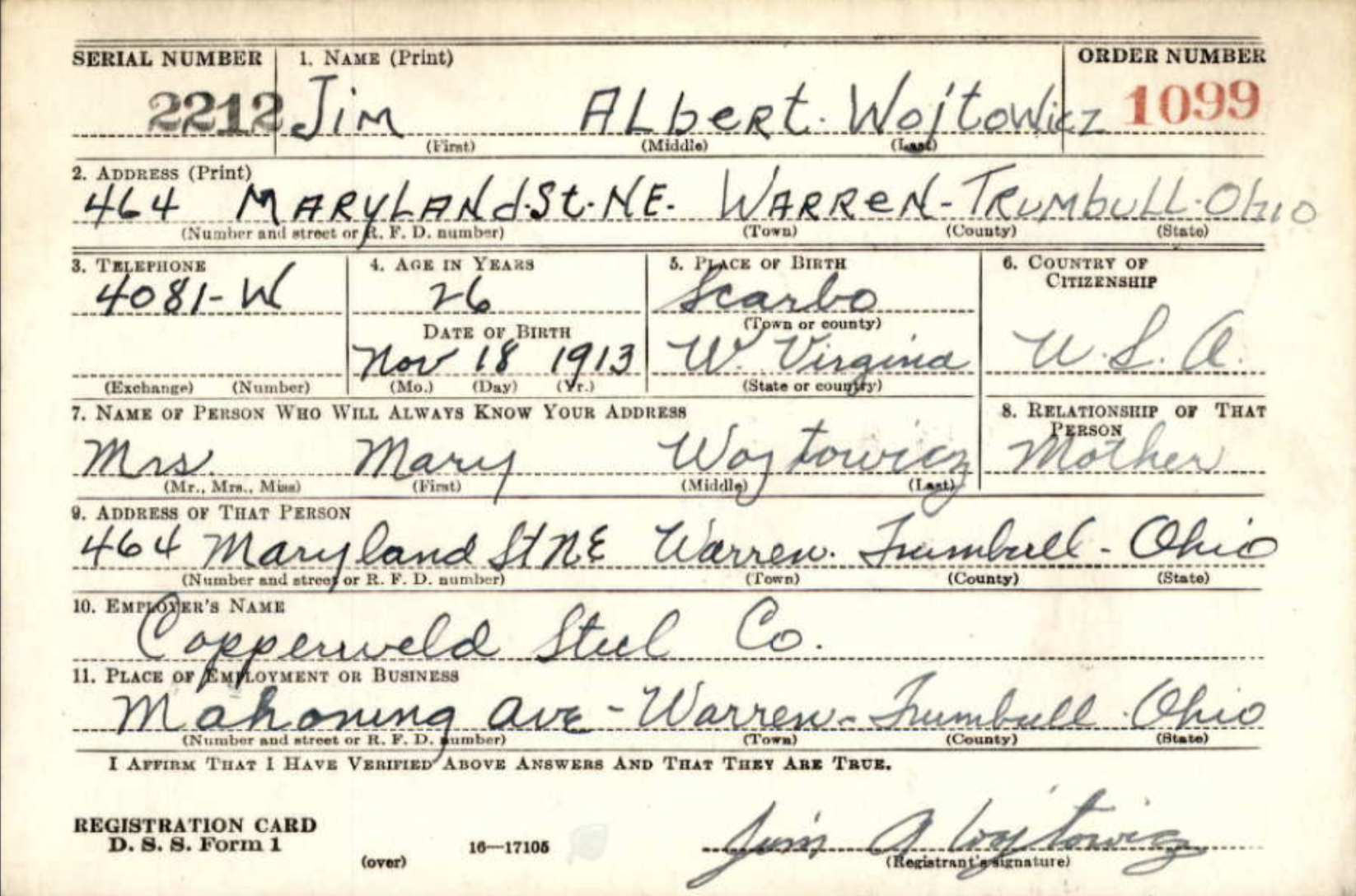 Jim Wojtowicz's WWII Army enlistment record