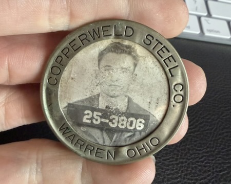 Jim Wojtowicz's Copperweld Steel Co. employee badge, Warren, Ohio